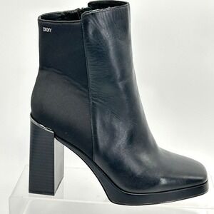 DKNY Size 9.5 Black Leather Felice Square Platform Block Heel Ankle Boots‎ NEW